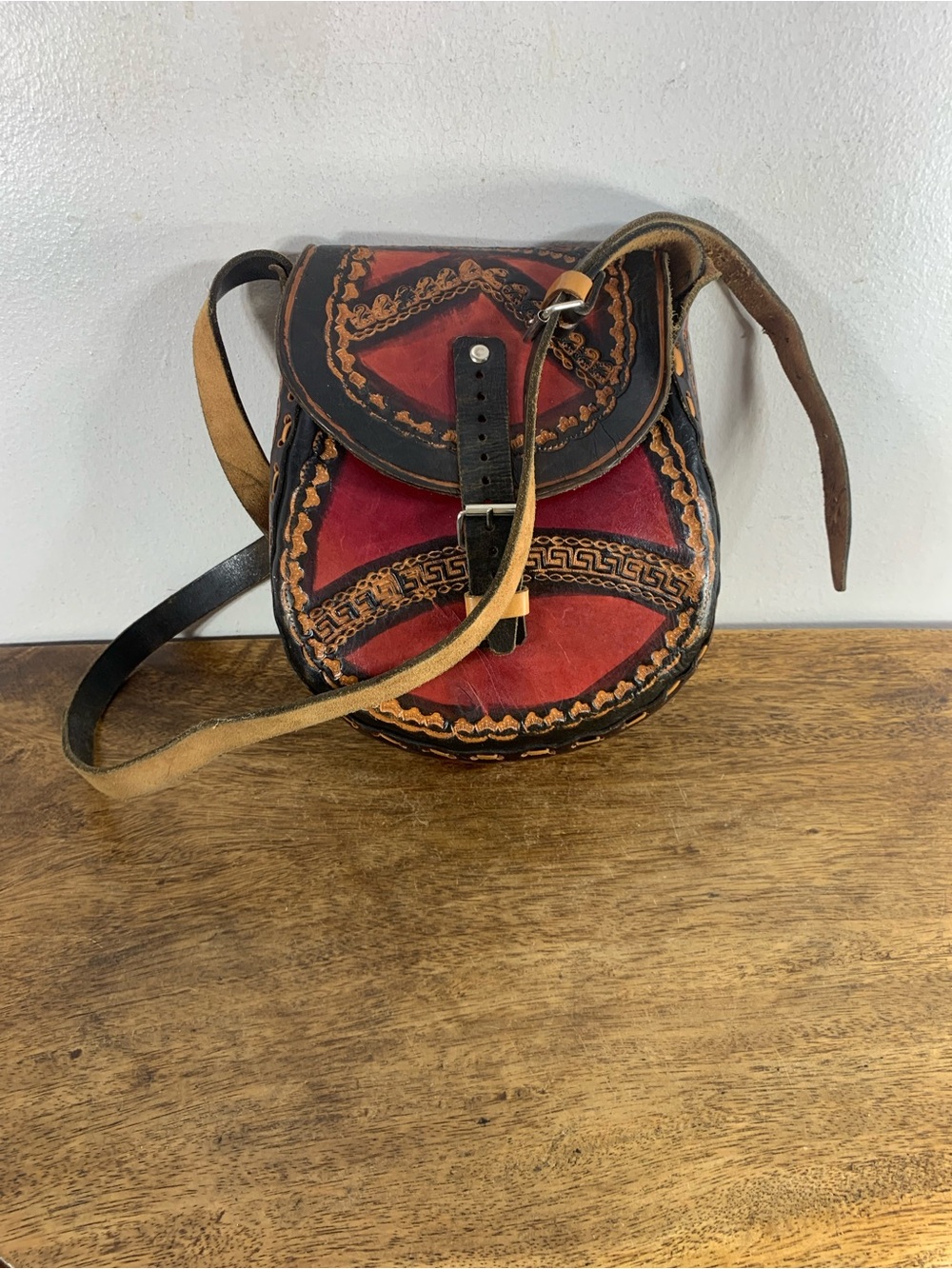 Vintage Tooled Leather Crossbody Bag Red & Black Embossed Folk Art Saddle